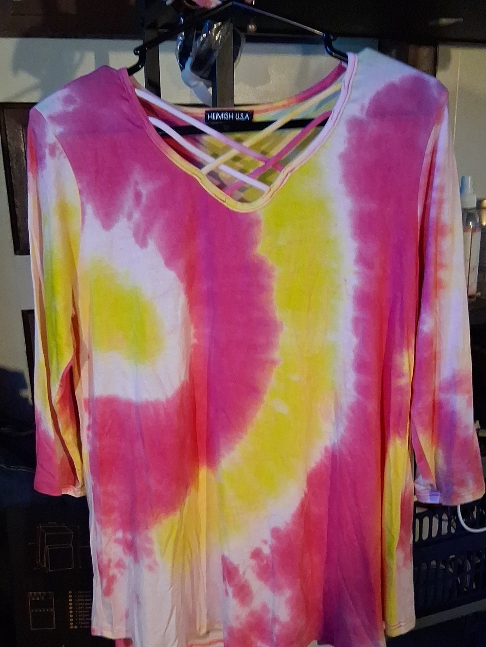 HEIMISH USA Pink & Yellow Tie-Dye Crisscross V-Neck Long Sleeve Top